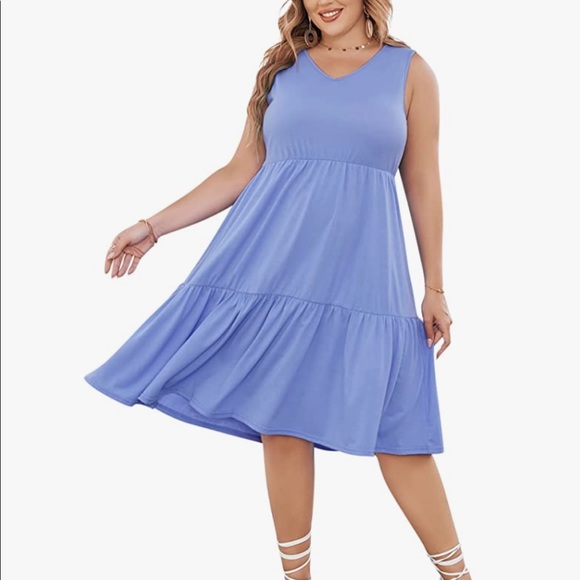 Dresses Plus Size Blue Layered Babydoll V Neck Aline Knee Length